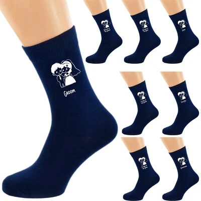 Navy Blue Bride & Groom Cartoon Figures Wedding Mens Childs Socks in Roles N1296 - Image 1 of 4