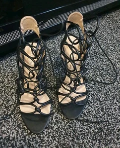 Stunning Ladies Size 7 Black Strappy High Heel Shoes Sandals 'Public Desire' NEW - Picture 1 of 4
