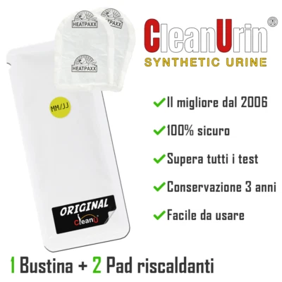 1 bustina Clean Urin 25ml + 2 Pad riscaldanti - Urina sintetica CleanU - Giallo