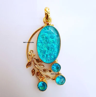 Australian Opal Gold Plating Leaf Pendent, Handmade 2.3″ Pendent Gift For Woman - Image 1 of 4