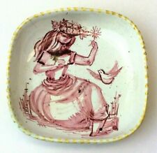 Delft Red Woman Bird Yellow Base Porcelain Sunburst Small Tray Vintage Used 