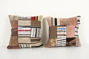Set of Two Turkish Patchwork Kilim Pillow Cover, Pair Ethnic Wool House Decor - Picture 1 of 4