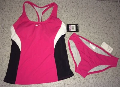 NIKE Hot Pink Black White Racerback Tankini 2 pc Swim Suit Set NEW Womens Sz 6 - Image 1 of 4