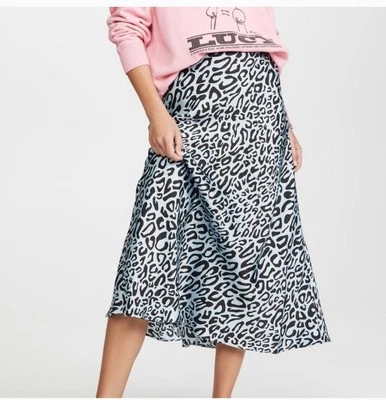 Falda midi Rebecca Minkoff para mujer azul estampado de leopardo tiro alto línea A talla 8 Foto 1 de 4