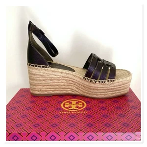 Tory Burch Ines Käfig Keilabsatz Espadrilles Sandalen gewalktes Leder schwarz Größe 9 - Bild 1 von 9