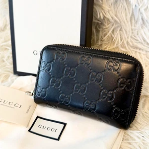 Auth GUCCI GG Guccissima Leather Zip Around Coin Purse Card Case Black W/Box - Picture 1 of 13