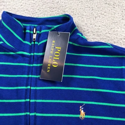 Polo Ralph Lauren Shirt Boy Medium 10-12 Blue Green Striped 1/4 Zip Pullover NEW - Image 1 of 4