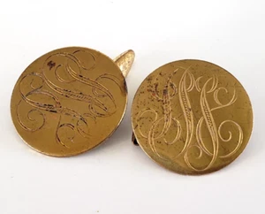 Vtg Monogram Letters Button Single Sided Brass Cufflinks 7/8" Cipher Intertwined - Picture 1 of 5