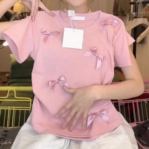 Elegantes camisetas con moño cuello redondo para mujer Top manga corta dulce niña verano - Imagen 1 de 15