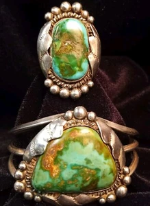 VINTAGE Pawn Royston TURQUOISE STERLING SILVER HEAVY BRACELET & Matching Ring - Picture 1 of 24