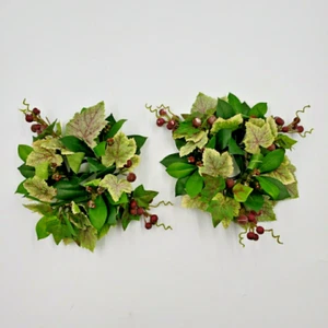 Grape Leaf Vine Taper Candle Ring SET of 2 Purple Pips Greenery Mini Wreath 1" - Picture 1 of 12