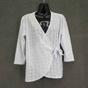 Lovecappella Damen-Top Wickel-Ösen Medium weiß 3/4-Arm Taille zum Binden #4854 - Bild 1 von 16