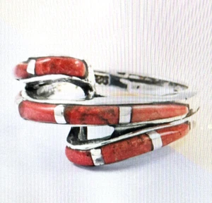 Natural Sponge Coral Band inlay Bypass Ring in 925 Sterling Silver (Size 7) - Picture 1 of 12
