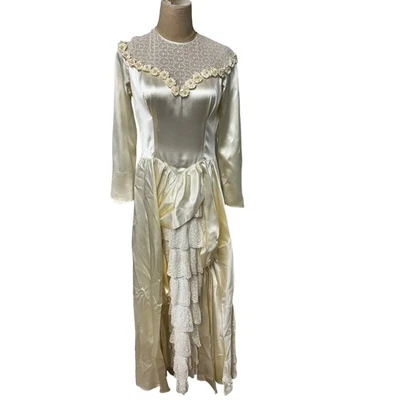 Vestido de novia drapeado vintage blanco/crema de encaje columna faja de boda S/M, pradera Foto 1 de 4