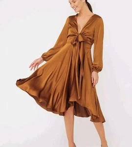Sheike Flowy Midi Dress Satin Toffee Orange / Brown Size 14 Long Sleeve - Picture 1 of 13