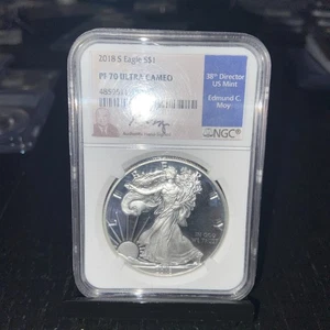 2018 S PROOF SILVER EAGLE NGC PF70 ULTRA CAMEO EDMUND MOY HAND SIGNED BLUE LABEL - Picture 1 of 6