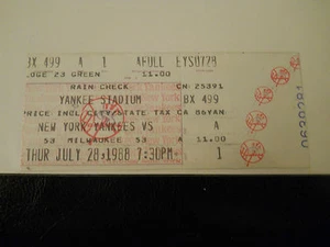 1988 New York Yankees vs. Milwaukee Brewers Ticket Stub (SKU2) - Picture 1 of 1