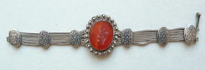 Bracelet en argent massif niellé + intaille cornaline silver Bijou ancien - Photo 1/4