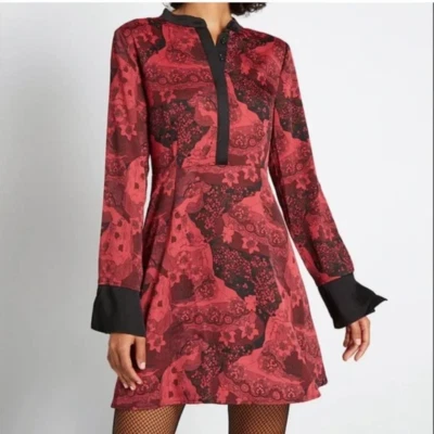 ModCloth Retro Romance Dress Long Sleeve Floral Mini Women's Size 6 Red Black - Image 1 of 4