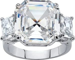 PalmBeach Jewelry PLATNIUM-PLATED CUSHION CUBIC ZIRCONIA 3 STONE RING,SIZE 8,NEW - Picture 1 of 7