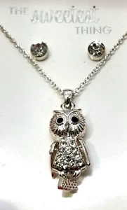 Bellissimo nuovo set collana e orecchini pendenti gufo 18" strass trasparenti (DM1) - Foto 1 di 3
