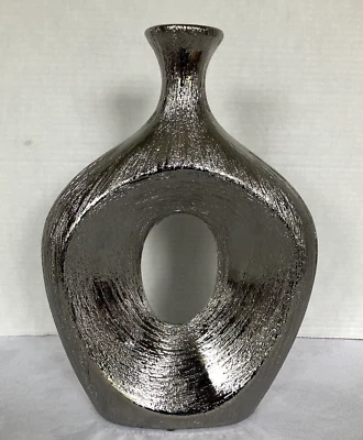 Sagebrook Home 13x9 in Scratched Oval Vase Cut Out Silver Colored Decorative - Image 1 of 4