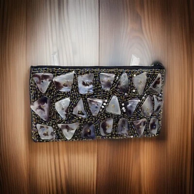 1950 - 60 年代串珠离合器钱包-SHELL 装饰 ABALONE? 拖把? 拉链上衣衬里8英寸x4.5 — 第 1/4 张图片