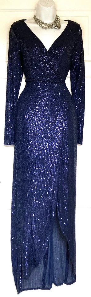 QUIZ VESTIDO MAXI LENTEJUELAS BRILLANTES AZUL MARINO NOCHE BODA OCASIÓN FIESTA TALLA 12 Foto 1 de 4