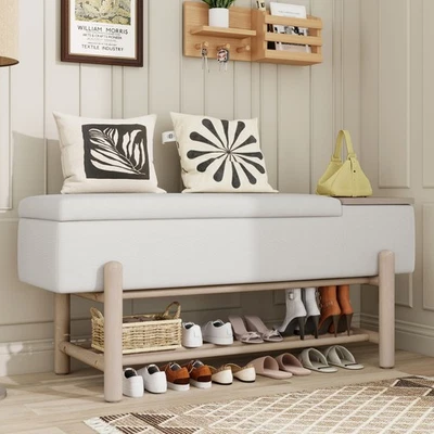 Farmhouse Upholstered Storage Bench Hidden Compartment Modern Entryway Bench - Image 1 of 4