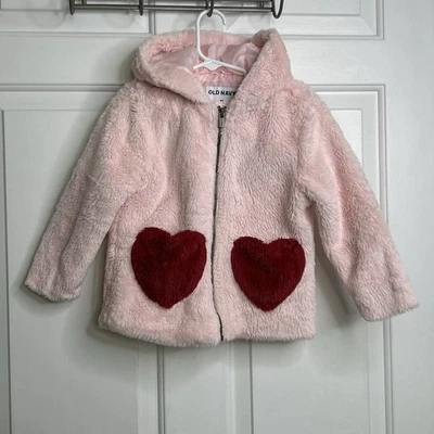 Chaqueta de piel sintética azul marino antigua + capucha niñas 4T bolsillos en forma de corazón cremallera completa rosa rojo Foto 1 de 4