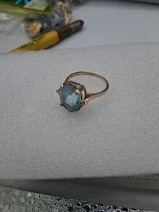 Blue Stone & Diamond Accents 14K Yellow Gold Ring Sz 7.25 - Picture 1 of 7