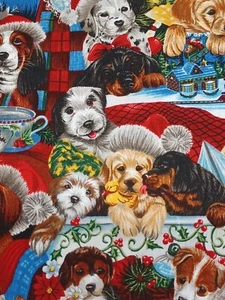 CHRISTMAS PUPPIES, PRESENTS & TREE - DOG FABRIC - ROBERT KAUFFMAN - 10 INCHES - Picture 1 of 6
