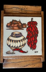 VTG Cleo Teissedre 1982 Ceramic Tile Trivet Southwest with Wood Frame 10" x 7" - Picture 1 of 6
