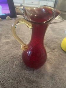 VTG Blenko Pitcher Red Yellow Amberina Crackle Art Glass Hand Blown 7” - Picture 1 of 5