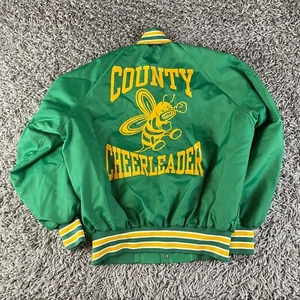 Vintage 80s Varsity Jacket Mens Large L Green Made in USA Lined Spell Out Logo - Picture 1 of 11