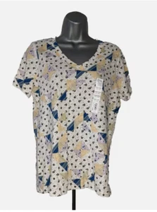 Sonoma Everyday V-Neck Tee Large white green geometric Womens Small S - Picture 1 of 5
