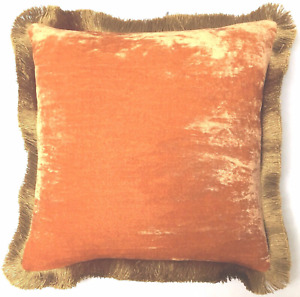 Anke Drechsel Pillow PLAIN Gold Fringe Tangerine Silk Velvet Kissen Orange