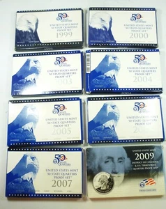 Lot 8 Proof Quarter Sets 1999, 2000, 2003 - 2007, 2009 with Boxes & COA's - Picture 1 of 3