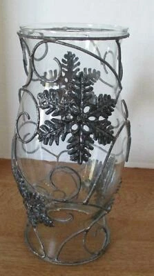 Clear Glass Hurrcane Chimney with Metal Overlay Snowflake Patterm 9"  Tall - Image 1 of 3