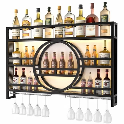 Organizador moderno de almacenamiento de vidrio para botellas de metal montado en la pared con luz LED Foto 1 de 4