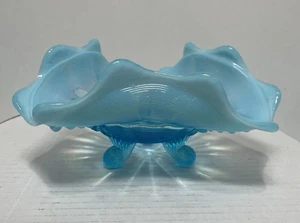 Northwood Glasschale Klondyke blau opalisierend 3 Fuß Schnörkel Bonboniere Geschenk - Bild 1 von 16