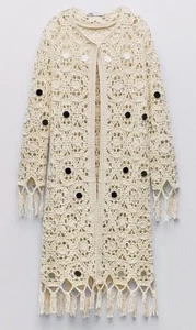 ZARA LONG KNIT FRINGE CARDIGAN WITH MIRRORS BEIGE (ECRU) SZ L NWT - Picture 1 of 12