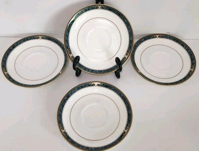 Set Of 4 Noritake ESSEX COURT Bone China 4727 Saucer Plate 6" Green & Gold Trim  - Image 1 of 4
