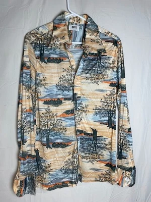 Vtg Moss Shirtmakers Trees Mountains Button Up Shirt Butterfly Collar Disco L - Изображение 1 из 4
