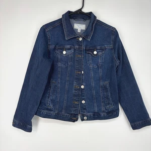 Time and Tru Womens Medium Denim Jacket Dark Blue Silver Buttons Pockets Stretch - Picture 1 of 9