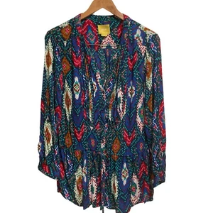 Maeve Anthropologie Topoxte Ikat Button Down Pleated Shirt size 12 Multicolor - Picture 1 of 10