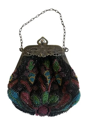 Bolso sin asas vintage con micro cuentas broche de plata bolso oscuro correa de cadena antiguo Foto 1 de 4