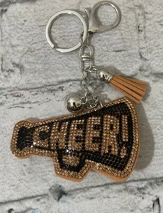 Rhinestone Cheer Horn Black And Gold Cotton Back Charm Pendant Keychain Clip On - Picture 1 of 5
