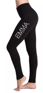 Personalised LYCRA Black Dance Gymnastic Gym Leggings Silver Pink Girls Ladies - Picture 1 of 4