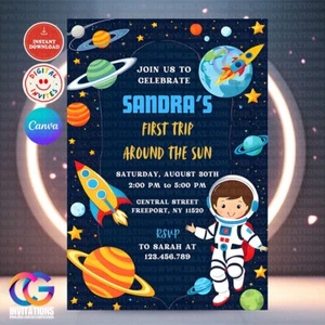 Editable Space Birthday Invitation Template, Planet Galaxy Girls Party Invite - Picture 1 of 8